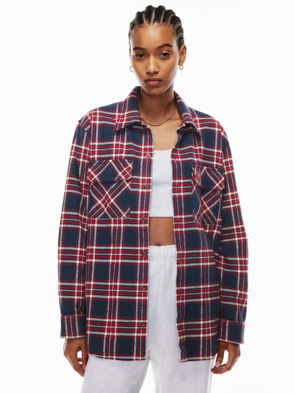 TNA Navy & Red Plaid Oversized Flannel Button-Up Boyfriend Shirt Sz XS